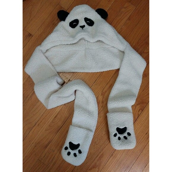 Panda Hat with Attached Mittens Gloves Set Fleece Unisex One Size - Picture 2 of 3